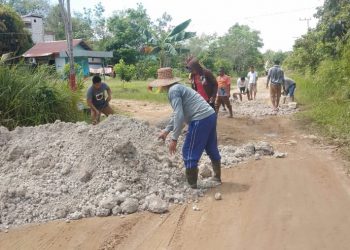 Kades Danau Usung Ajak Perangkat dan BPD Timbun Jalan Rusak