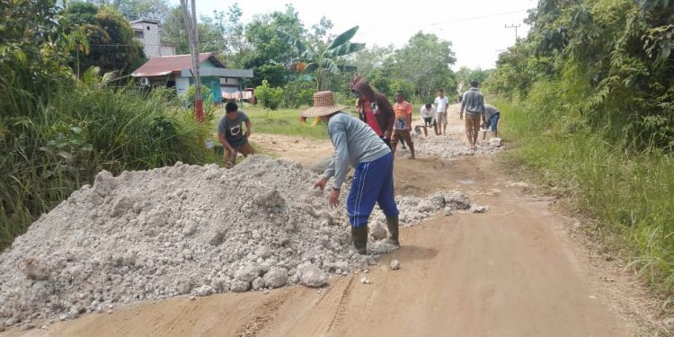 Kades Danau Usung Ajak Perangkat dan BPD Timbun Jalan Rusak