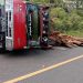 Truk Bermuatan Kayu Olahan Terguling di Jalan Raya
