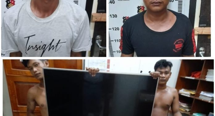 Pelaku laki-laki inisial MBS alias BIMA (18 tahun) yang sedang berada disebuah rumah kosong tempat persembunyiannya beserta barang-barang berupa 1 buah TV 43 inch merk LG, 1 buah mesin cuci merk Sharp dan 1 buah sound system merk Tens, Senin (23/08/2021). Foto : TN