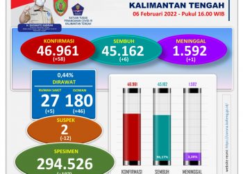 Hati-Hati, Kasus Konfirmasi Positif Covid-19 di Kalteng Bertambah 58 Orang, 1 Orang Meninggal Dunia