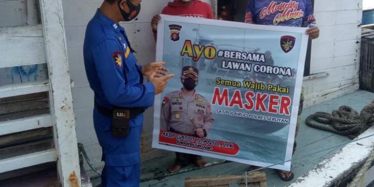 Satpolairud Polres Seruyan Laksanakan Himbauan Prokes Covid-19
