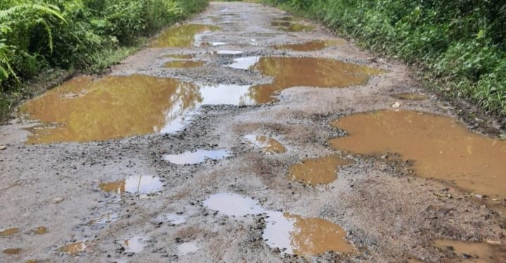 Jalan Pramuka Rusak Parah Bak Kubangan, Warga Pondok Karet Tamiang Layang Geram