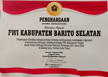 PWI Kabupaten Barito Selatan Raih Penghargaan Dari PWI Pusat