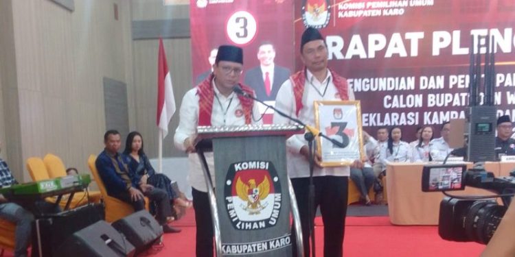 Paslon Bupati dan Wakil Bupati Karo, Tino Mimana Sinuraya-Onasis Sitepu Dapat Nomor Urut 3