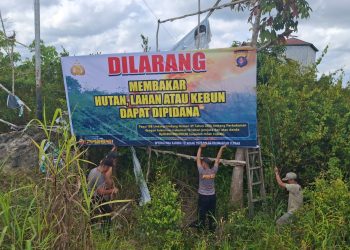 Satgas Bina Karuna Polda Kalteng Pasang Baliho Imbauan Cegah Karhutla di Jembatan Bukit Rawi