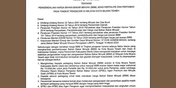 Pemkab Barito Utara Terbitkan Surat Edaran Tegaskan Penertiban Penjual BBM Nakal